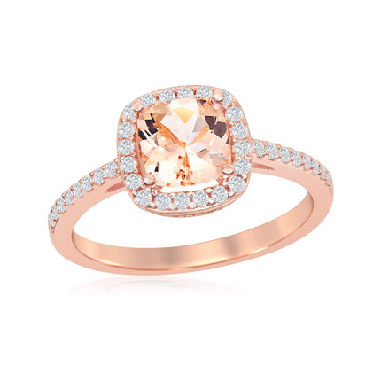 Sterling Silver Rose GP Square Morganite CZ Ring - W-1936 ,