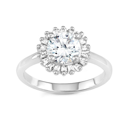 Sterling Silver Round CZ with Baguette Border Ring - W-1395 ,