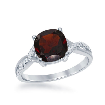 Sterling Silver Small Square Garnet with White Topaz on Side Ring - W-1680 ,