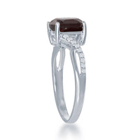Sterling Silver Small Square Garnet with White Topaz on Side Ring - W-1680 ,