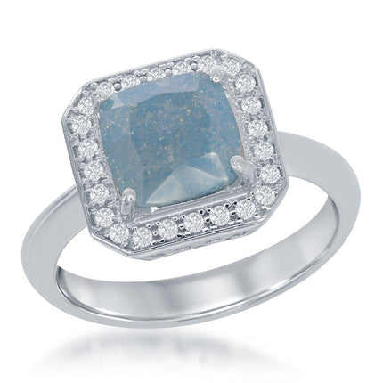 Sterling Silver Square Blue Ice with CZ Border Ring - W-1392 ,
