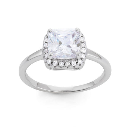Sterling Silver Square CZ with Clear CZ Border Ring - W-1530 ,