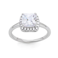 Sterling Silver Square CZ with Clear CZ Border Ring - W-1530 ,