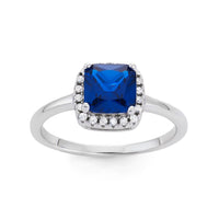 Sterling Silver Square Dark Blue CZ with Clear CZ Ring - W-1531 ,