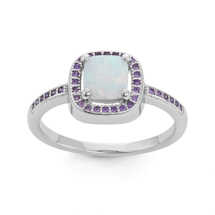 Sterling Silver Square White Opal with Amethyst CZ Ring - W-1506 ,