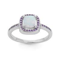 Sterling Silver Square White Opal with Amethyst CZ Ring - W-1506 ,