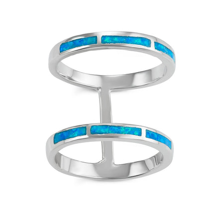 Sterling Silver Thin Blue Opal Double Row Ring - W-1568 ,