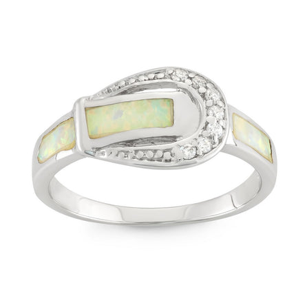 Sterling Silver White Inlay Opal and CZ Buckle Ring - W-1212 ,