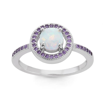 Sterling Silver White Opal Circle with Amethyst CZ Ring - W-1517 ,