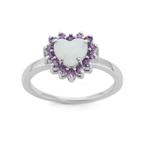 Sterling Silver White Opal Heart with Amethyst CZ Ring - W-1511 ,