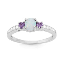 Sterling Silver White Opal Oval with Amethyst CZ Ring - W-1508 ,