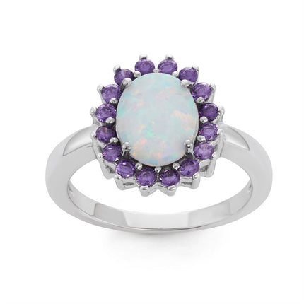Sterling Silver White Opal Oval with Amethyst CZ Ring - W-1509 ,