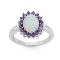 Sterling Silver White Opal Oval with Amethyst CZ Ring - W-1509 ,