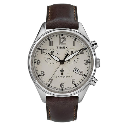 Timex Men's Chronograph Watch - Waterbury Cream Dial Leather Strap | TW2R88200 ,