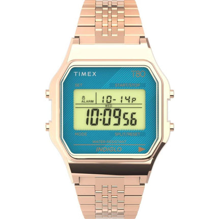 Timex Unisex Watch - T80 Blue Digital Dial Rose Gold Tone Bracelet | TW2U93600YB ,