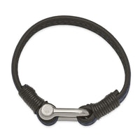 Stainless Steel Polished Black & Blue Leather 8.25in Shackle Bracelet ,