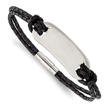 Stainless Steel Polished ID and Black Woven Leather Bracelet ,