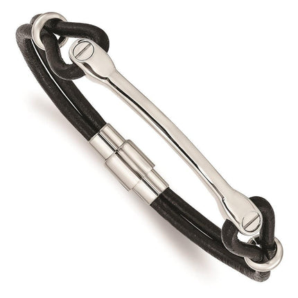 Stainless Steel Polished ID and Black Leather Bracelet ,