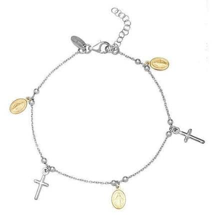 Sterling Silver Cross and Medal Charm Bracelet, 7" ,