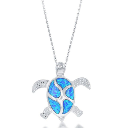 Sterling Silver Blue Inlay Opal Turtle Pendant ,