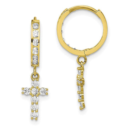 10K CZ Cross Hinged Hoop Earrings ,