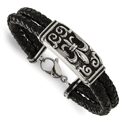 Stainless Steel Polished Antiqued Fleur De Lis Black Leather Bracelet ,