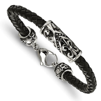 Stainless Steel Polished Antiqued Fleur De Lis Black Leather Bracelet ,
