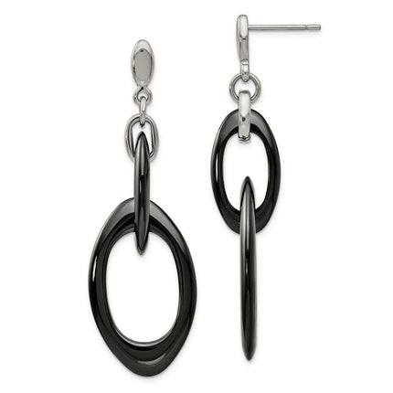 Stainless Steel And Black Ceramic Polished Dangle Post Earrings ,