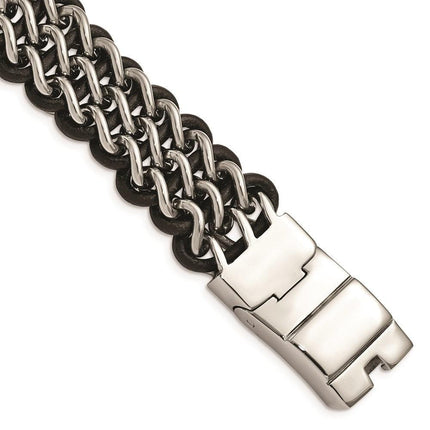 Stainless Steel Polished Black Leather Bracelet ,