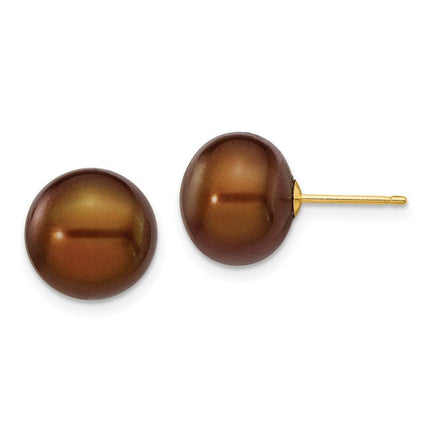 14k 10-11mm Coffee Button Freshwater Cultured Pearl Stud Post Earrings ,