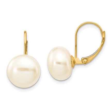 14K 10-11mm White Button Freshwater Cultured Pearl Leverback Earrings ,