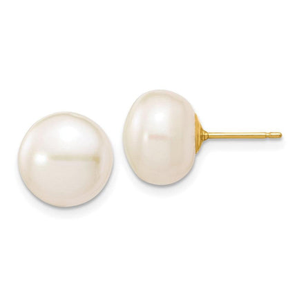 14k 10-11mm White Button Freshwater Cultured Pearl Stud Post Earrings ,