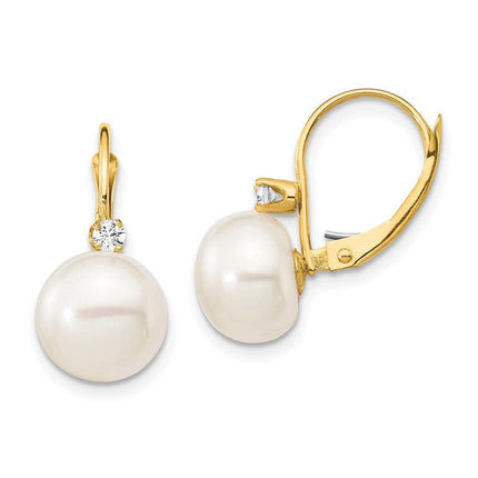 14K 10-11mm White Button FWC Pearl .10ct Diamond Leverback Earrings ,