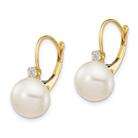14K 10-11mm White Button FWC Pearl .10ct Diamond Leverback Earrings ,