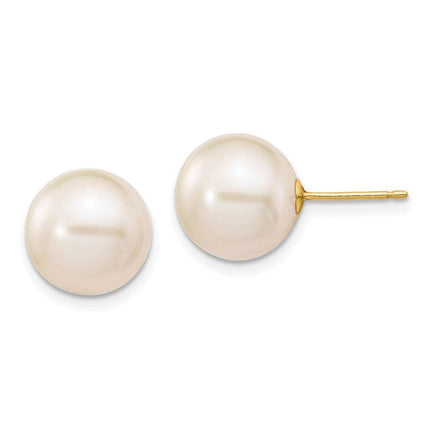 14k 10-11mm White Round Freshwater Cultured Pearl Stud Post Earrings ,