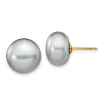 14k 11-12mm Grey Button FW Cultured Pearl Stud Post Earrings ,