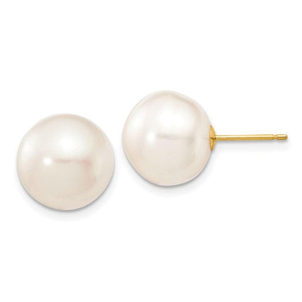 14k 11-12mm White Button Freshwater Cultured Pearl Stud Post Earrings ,
