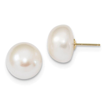 14k 13-14mm White Button Freshwater Cultured Pearl Post Earrings ,