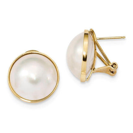 14k 14-15mm White Mabe Saltwater Cultured Pearl Omega Back Earrings ,