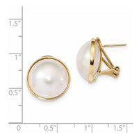 14k 14-15mm White Mabe Saltwater Cultured Pearl Omega Back Earrings ,