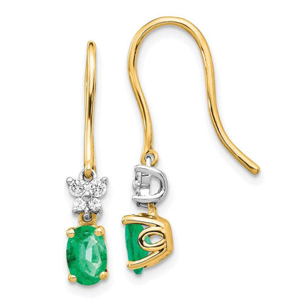 14k 1/8ct Diamond & Emerald Shepherd Hook Earrings ,