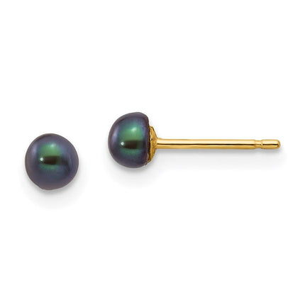14k 3-4mm Black Button FW Cultured Pearl Stud Post Earrings ,