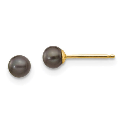 14k 3-4mm Black Round Freshwater Cultured Pearl Stud Post Earrings ,