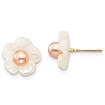 14k 3-4mm Pink FW Cultured Pearl w/10mm MOP Flower Post Earrings ,