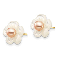 14k 3-4mm Pink FW Cultured Pearl w/10mm MOP Flower Post Earrings ,