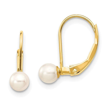 14k 4-5mm White Round Freshwater Cultured Pearl Leverback Earrings ,