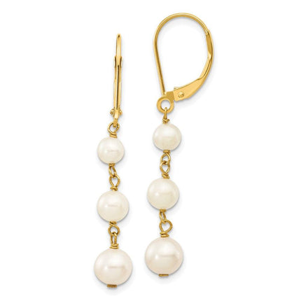 14k 4-6mm White Semi-round FW Cultured Pearl Gaduated Leverback Earrings ,