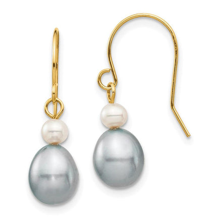 14k 4-7mm White/Grey Round/Rice FW Cultured Pearl Dangle Earrings ,