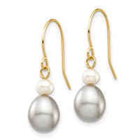 14k 4-7mm White/Grey Round/Rice FW Cultured Pearl Dangle Earrings ,