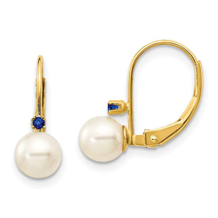 14k 5-5.5mm White Round FW Cultured Pearl Sapphire Leverback Earrings ,